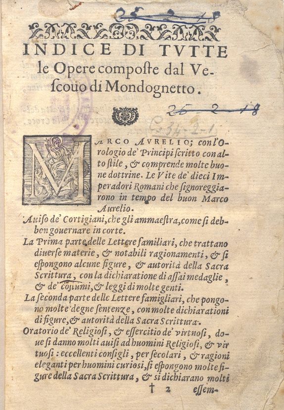 C.34.2.1 – INDICE DI TUTTE LE OPERE COMPLETE DEL VESCOVO DI MONDOGNETO. ANTONIO DI GUEVARA. 1549